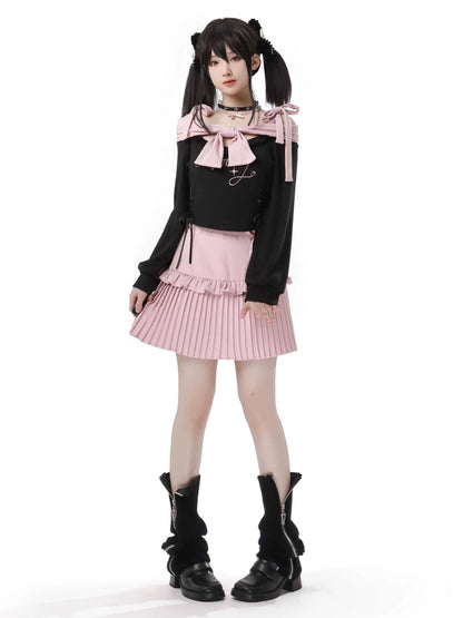 Knit Pink Ribbon + Straps Black Off-Shoulder Top