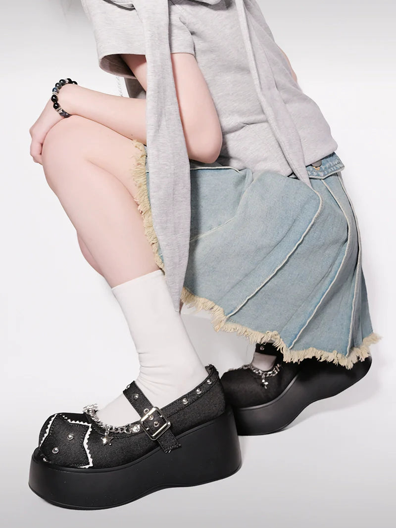 Schnalle Star Toe Platform Denim One Punk Runde Schuhe