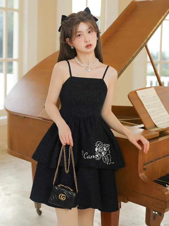 Schwarze Jacke Kleid Duft Farbe Hosenträger Glitter Rose + Perle Anzug Kurz