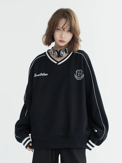 Vネック カジュアルトップス フロック加工 ルーズ スポーティ