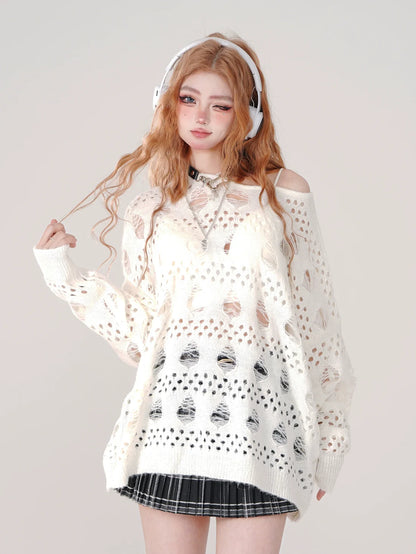 Ripped Cutout White Top Knit