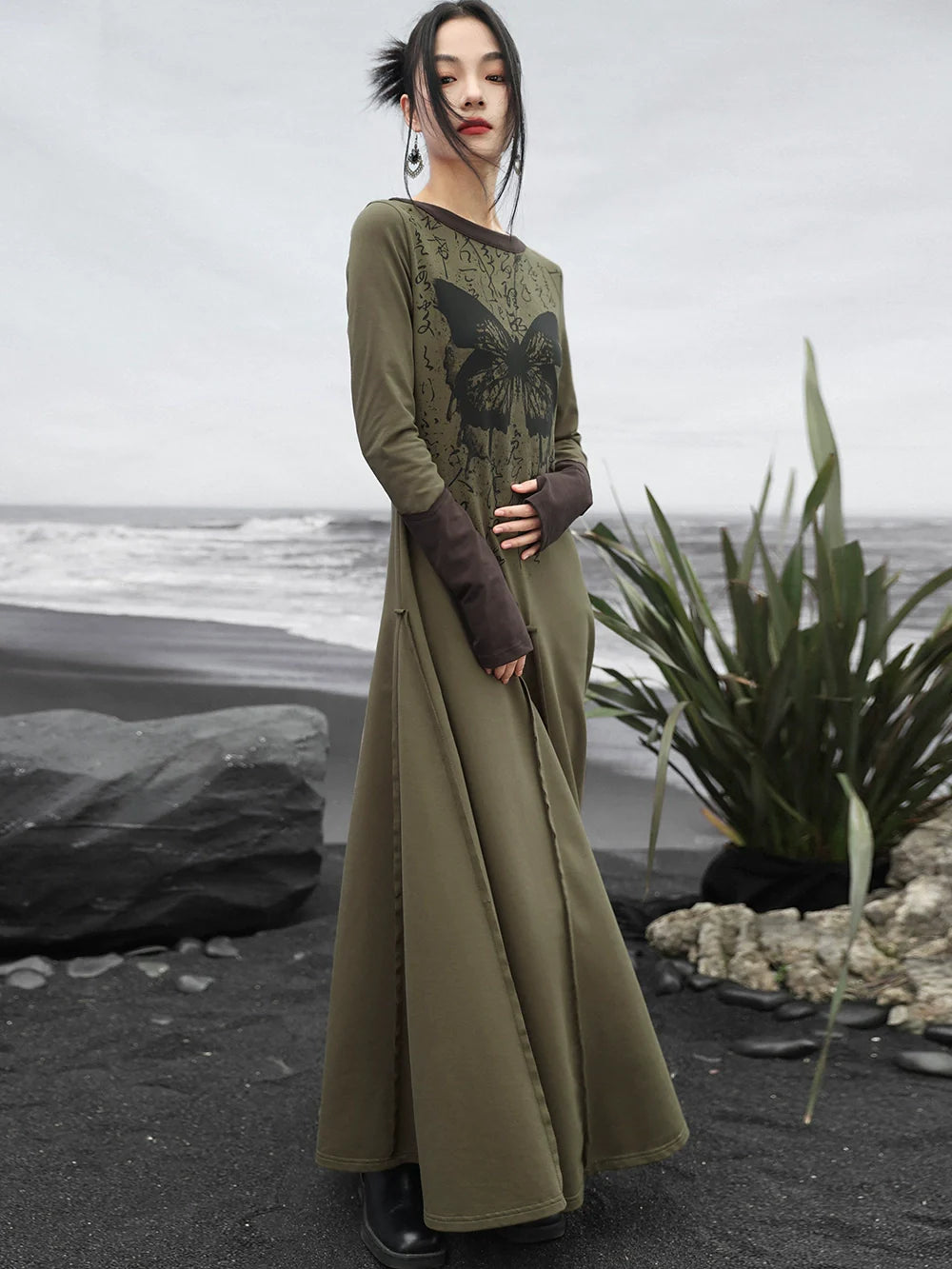 Slim Kanji Butterfly Print Long Dress