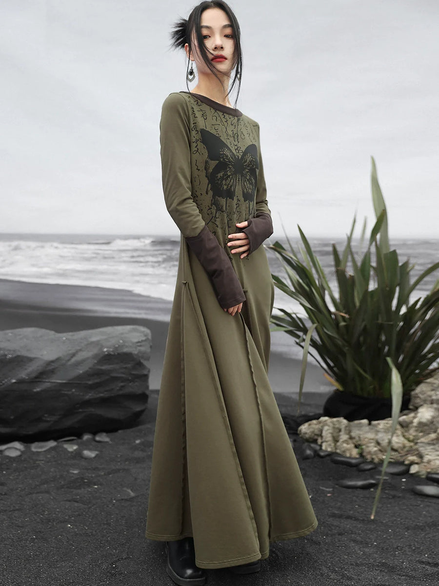 Robe longue slim à imprimé papillon Kanji