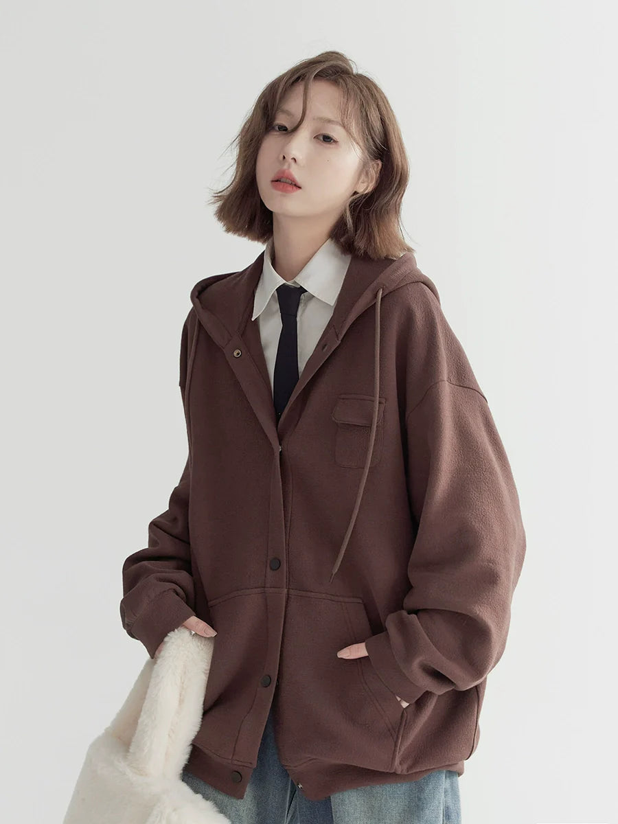 Pocket Hooded Hoodie Loose Casual Zip-Up
