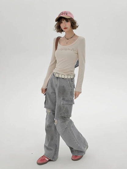 Milk T Long U-Neck Print Logo Tea American