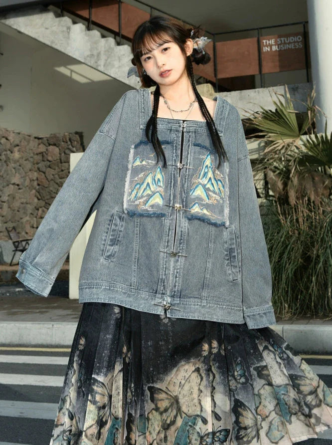 チャイナジャケット取り外し可能なデニムカラースーツ