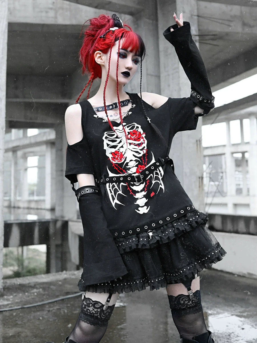 T-shirt Sleeve Dark Leather Skull Button