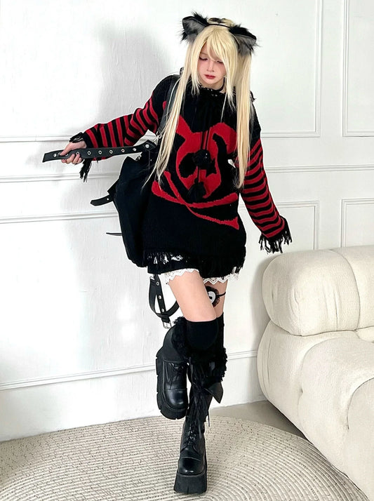 Skull Stripe Hoodie Dark Border Hooded Black Loose