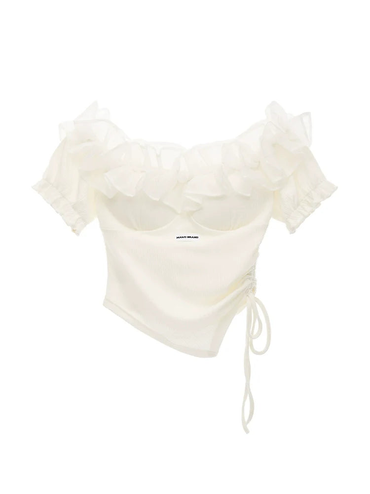 Spitzentop mit Schulterpartie und Tüll, hohes Blumenende, gestrickt