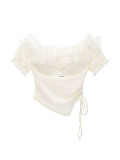 Spitzentop mit Schulterpartie und Tüll, hohes Blumenende, gestrickt