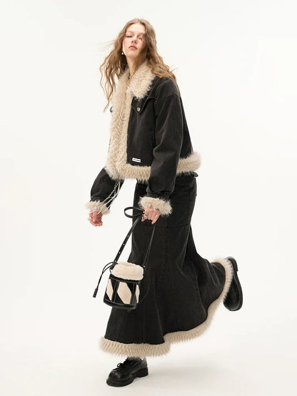 Mermaid Long Denim Fur Skirt