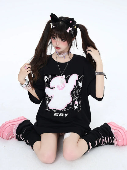 ルーズ刺繍ダークリトルTシャツゴースト