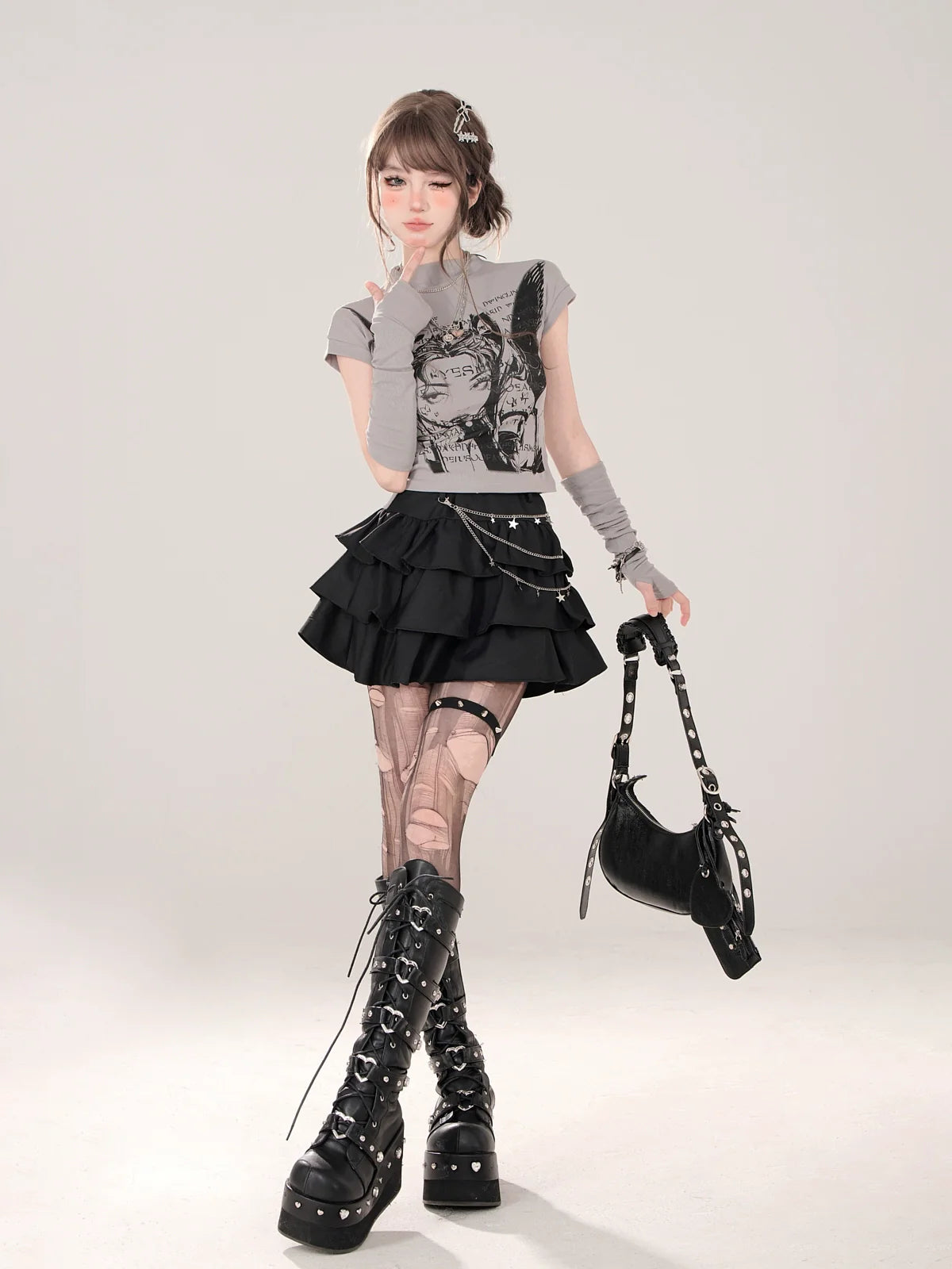 ショートタートルネック + スモールTシャツプリント グレー 地球儀イラストスリーブ