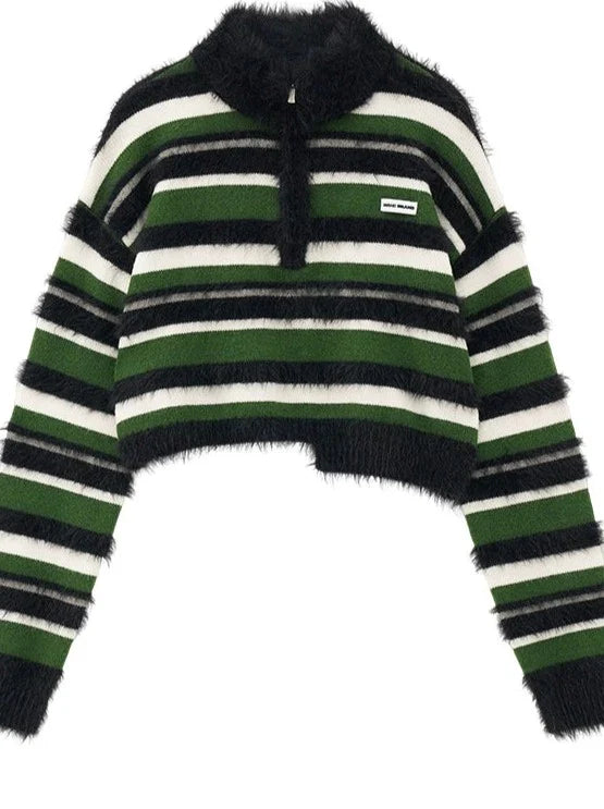 Zipper Half Turtleneck Polo Striped Short Sweater