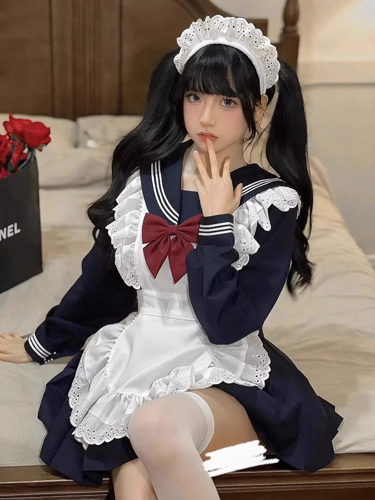 Ribbon Sailor Dress Frilled Apron