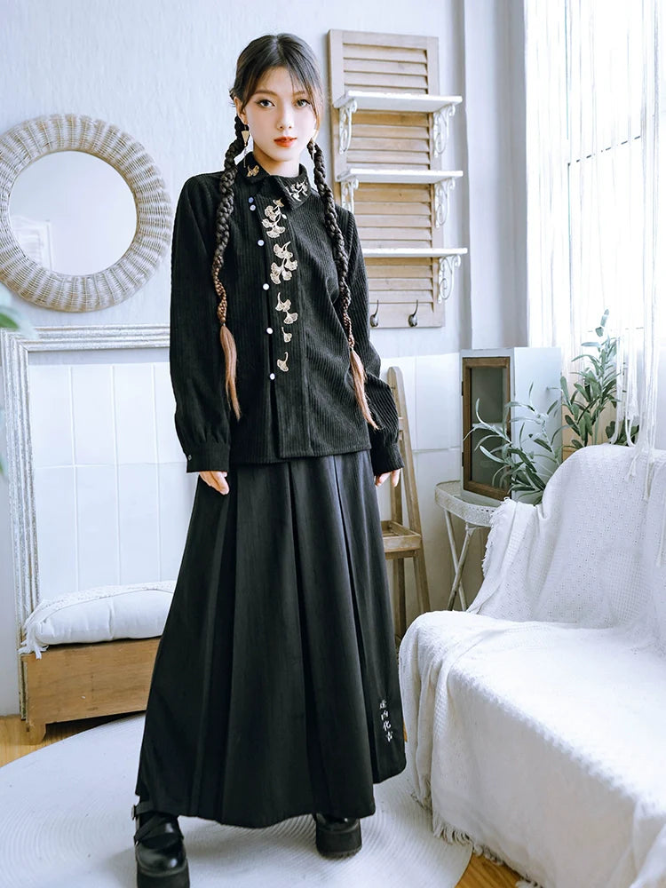 リーフレトロ刺繍シャツチャイナコーデュロイ