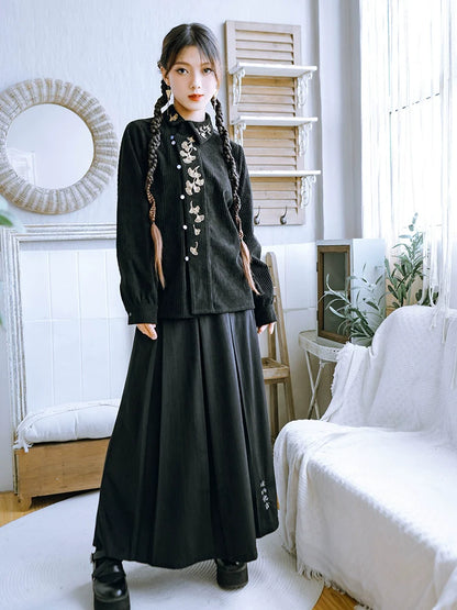 リーフレトロ刺繍シャツチャイナコーデュロイ