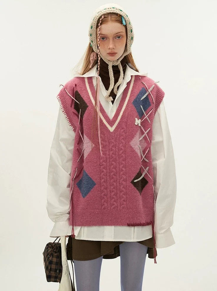 Vest Lace-up Argyle Over-Knit