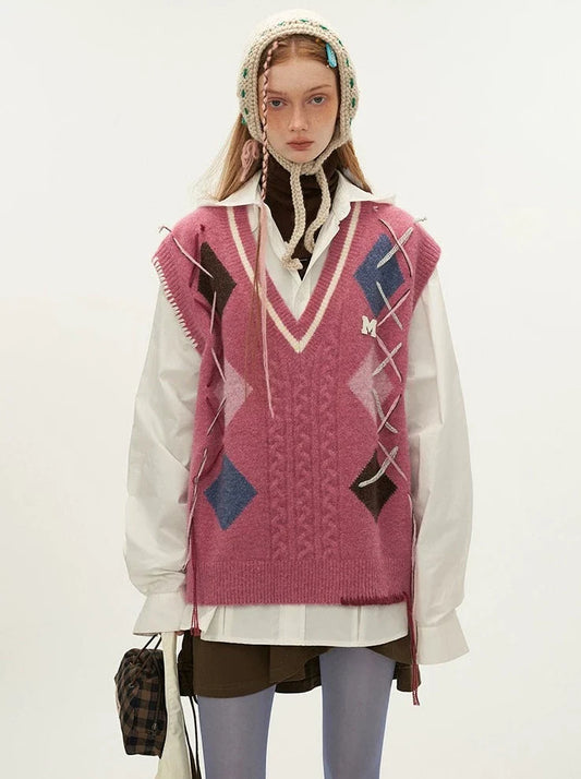 Vest Lace-up Argyle Over-Knit