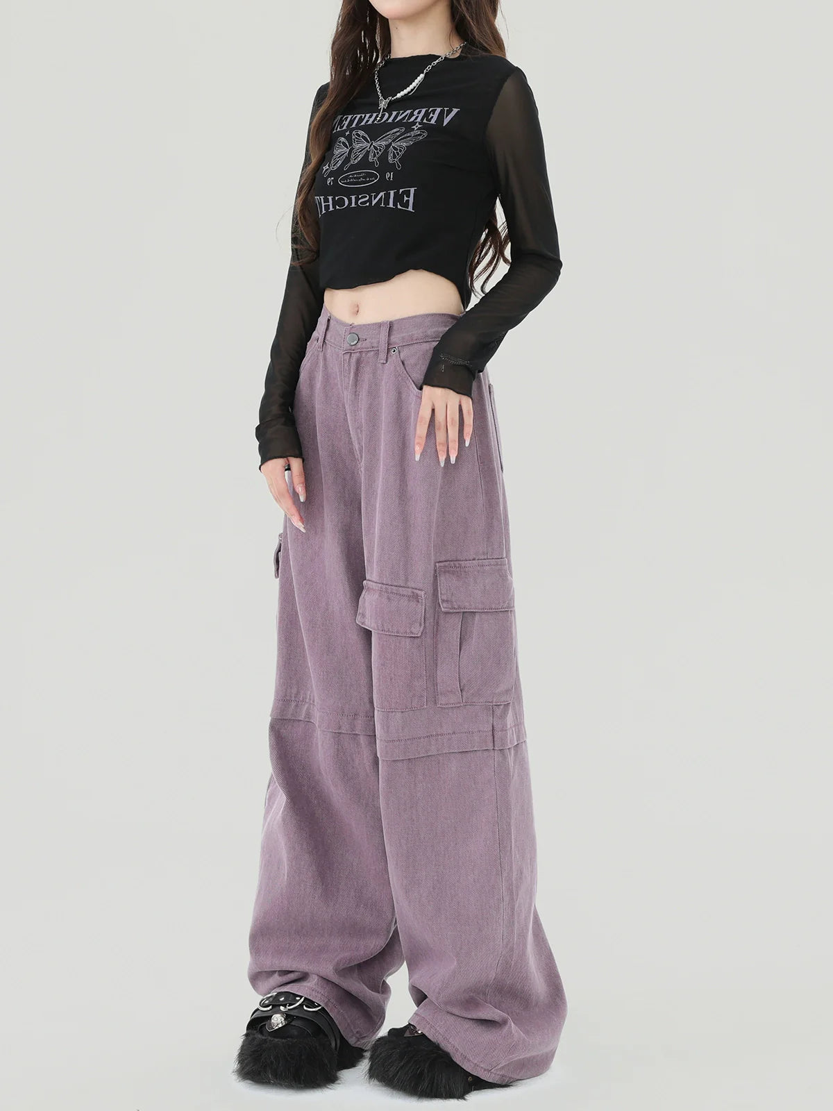 パープルアメリカンカーゴデニムパンツレトロ