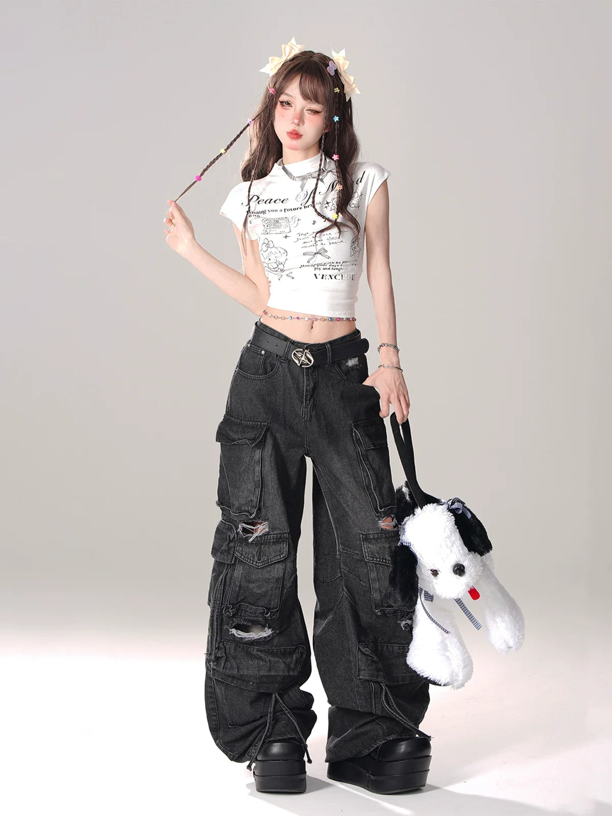 White Cropped Ribbon T-Shirt Backdropped Pink Pure