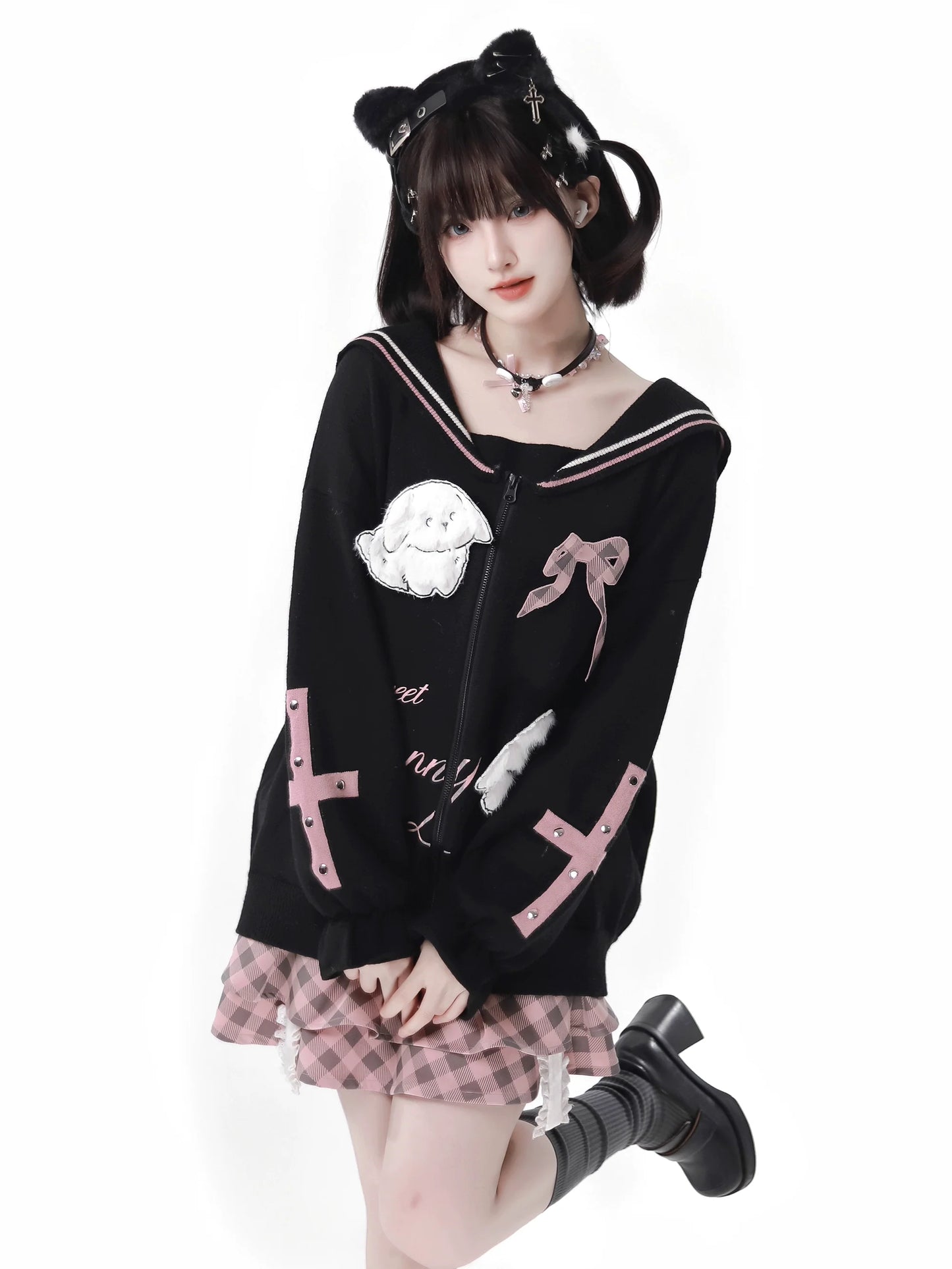 Cocoa Suit Black Peach Cardigan Knit Collar Sailor