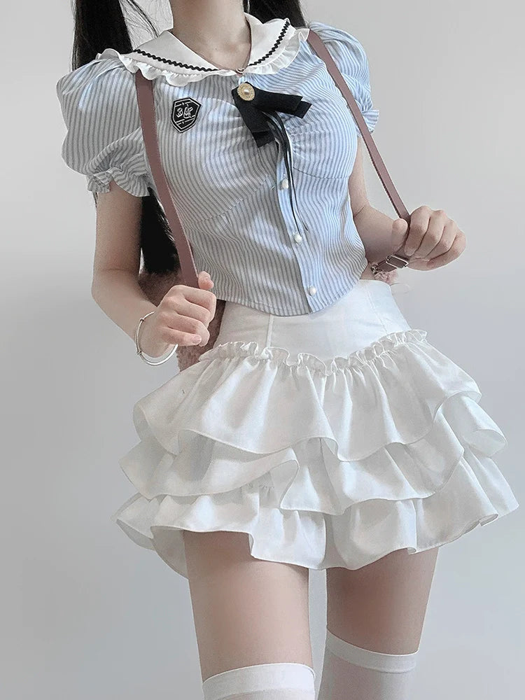 女の子のパフフレアスカートリボントップフリルスリムスイートスリーブ