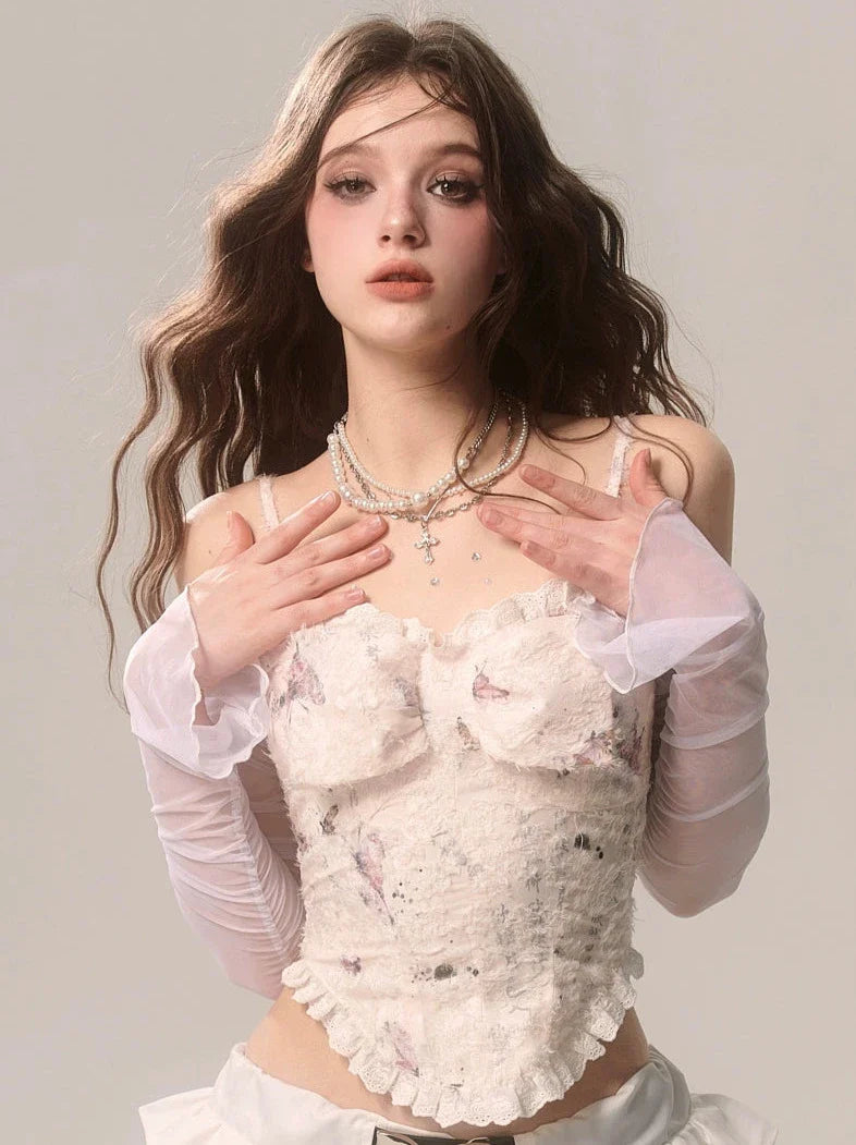 Sheer Top Fragrance Appliquot Shoulder Sleeve One Flower Suspender