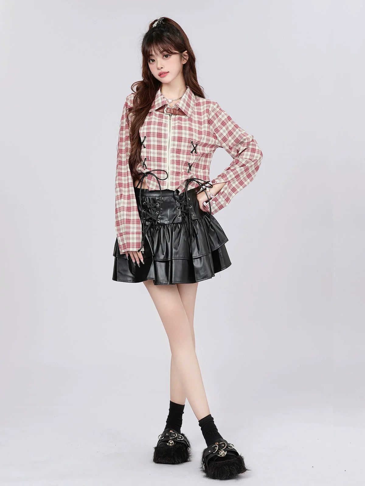 アメリカンチェックデザインショートシャツ レトロストラップ