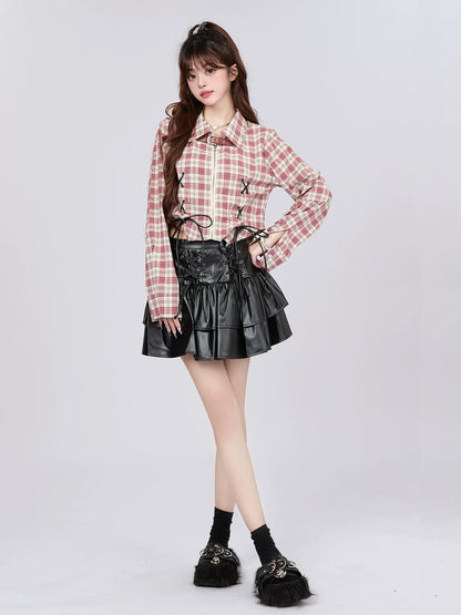 アメリカンチェックデザインショートシャツ レトロストラップ