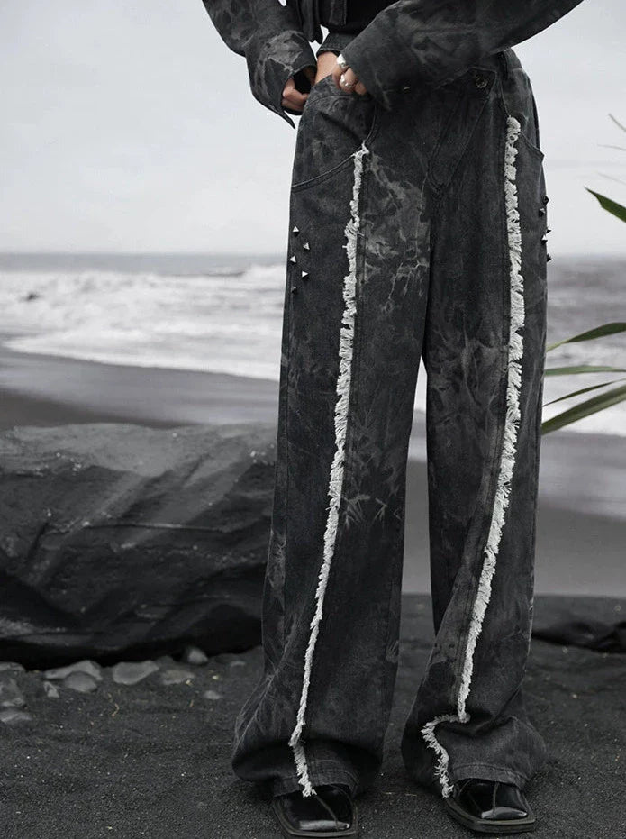 ダークデザインデニム ルーズフリンジ ワイドカットアウトウエスト