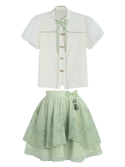 チャイナシャツスカートスリーブドレスパンダカンフーパフフーミント+シフォンセット