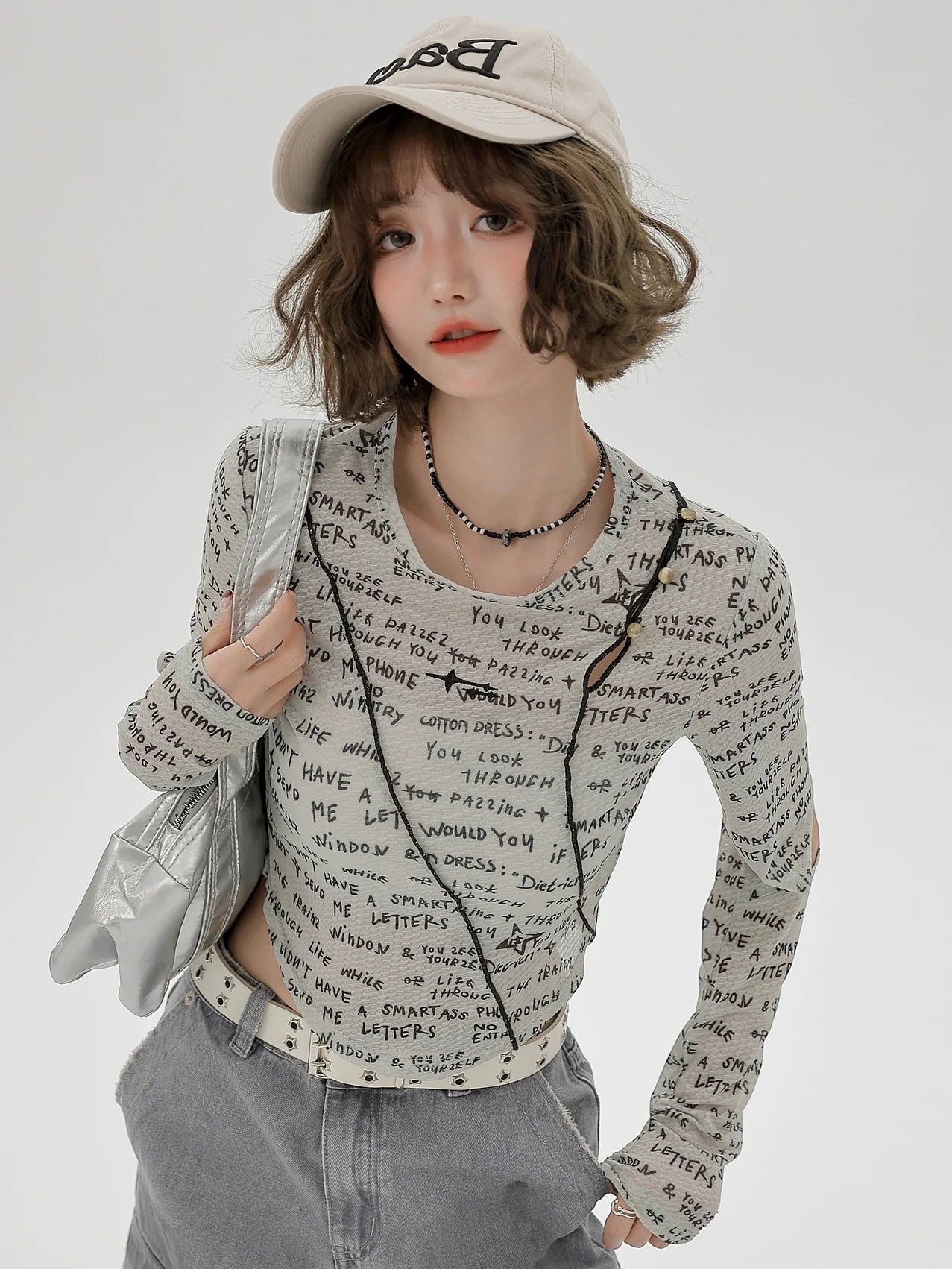 Ärmel Split Kurz Print Slim Top Buchstabe