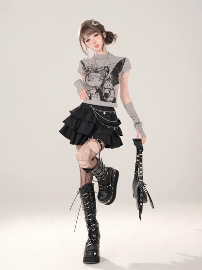 ショートタートルネック + スモールTシャツプリント グレー 地球儀イラストスリーブ