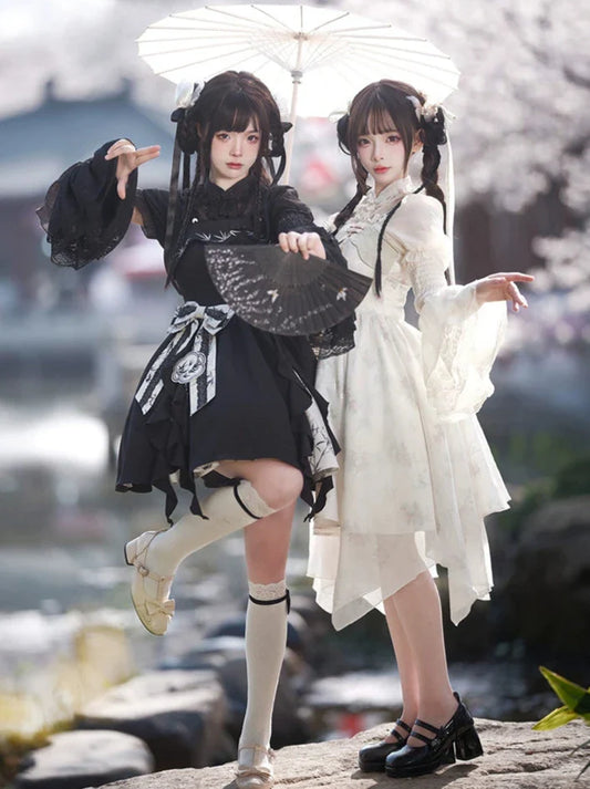 ドレス 中国プリント 竹 予約販売 花柄 フラワー サスペンダー