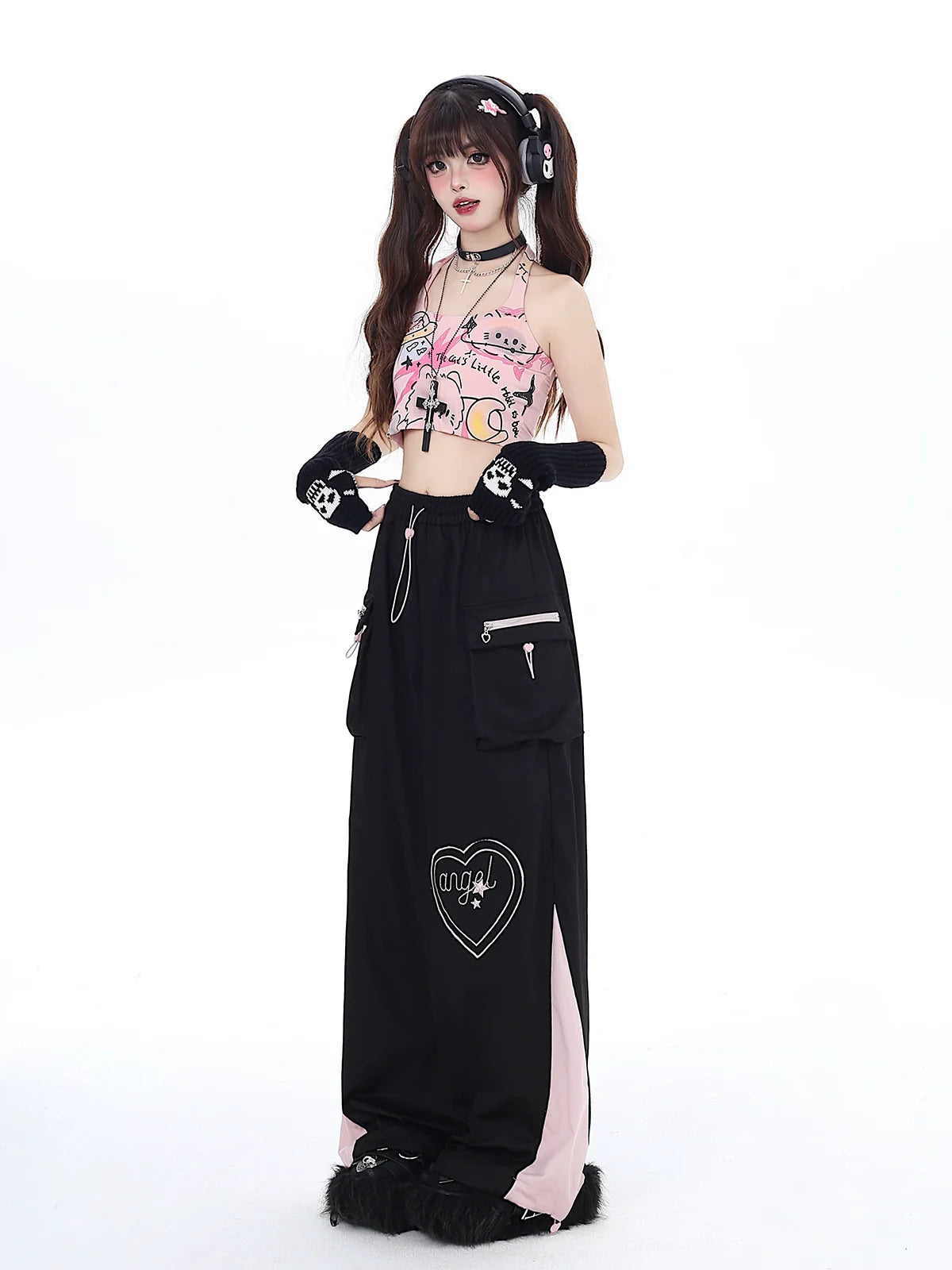 Drawstring Contrast Love Pants Color Cargo