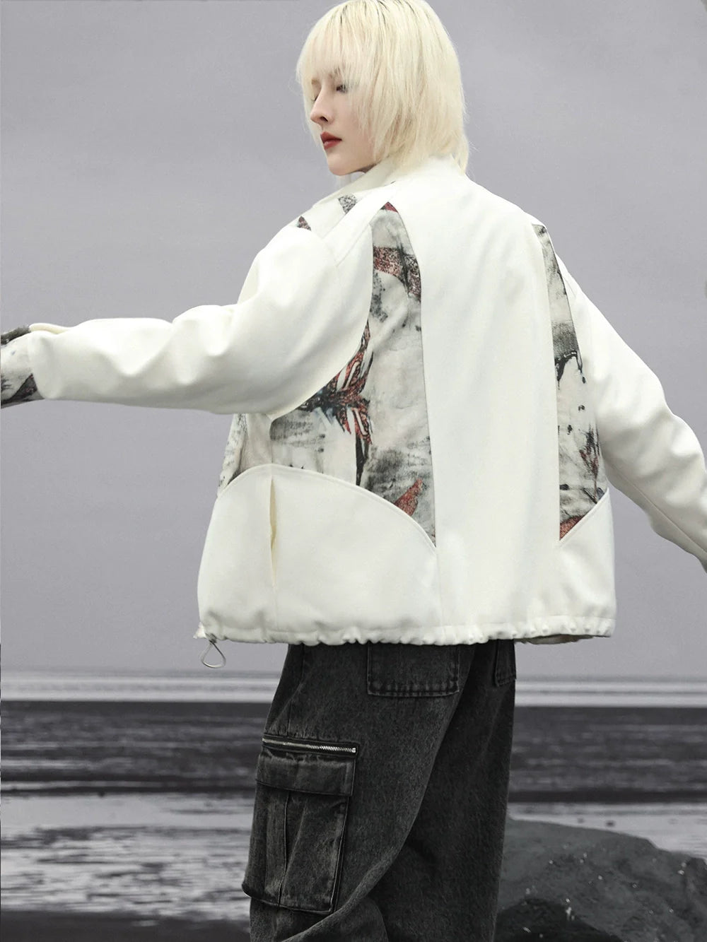 スプライシングジャケット チャイナプリント カジュアル