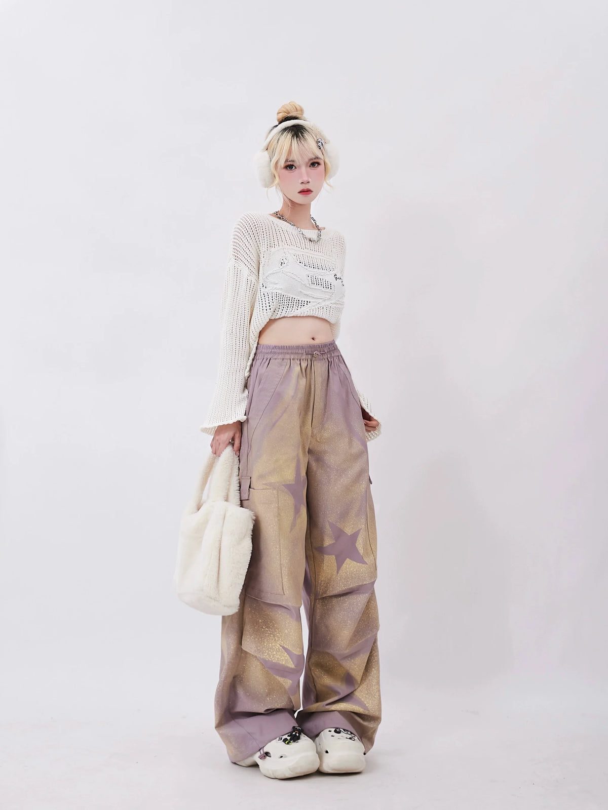 Pants Purple Wide Star Sheer