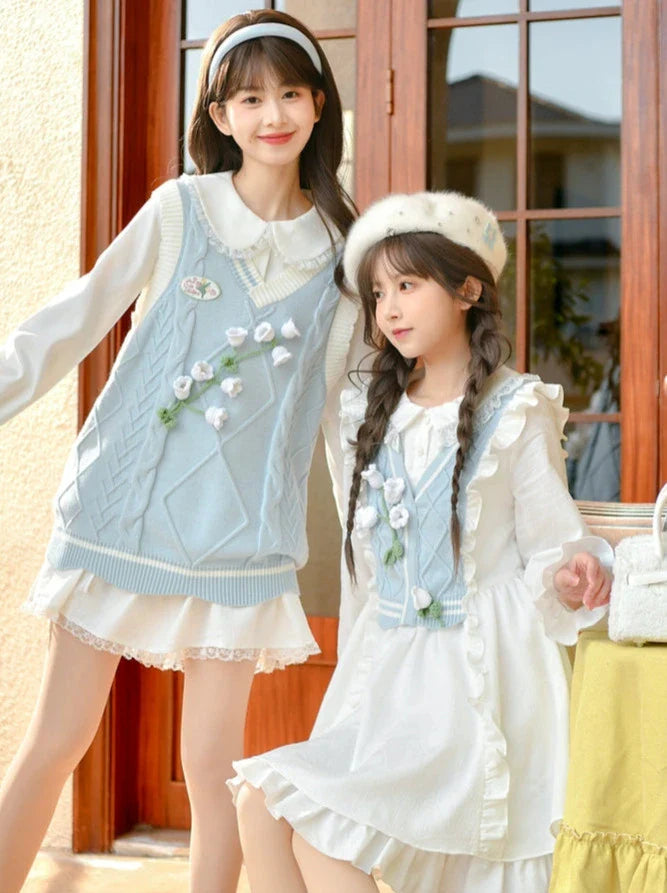 Glockenblumen-Setup: Strick-Kuchenrüsche + Hemdrock + Weste