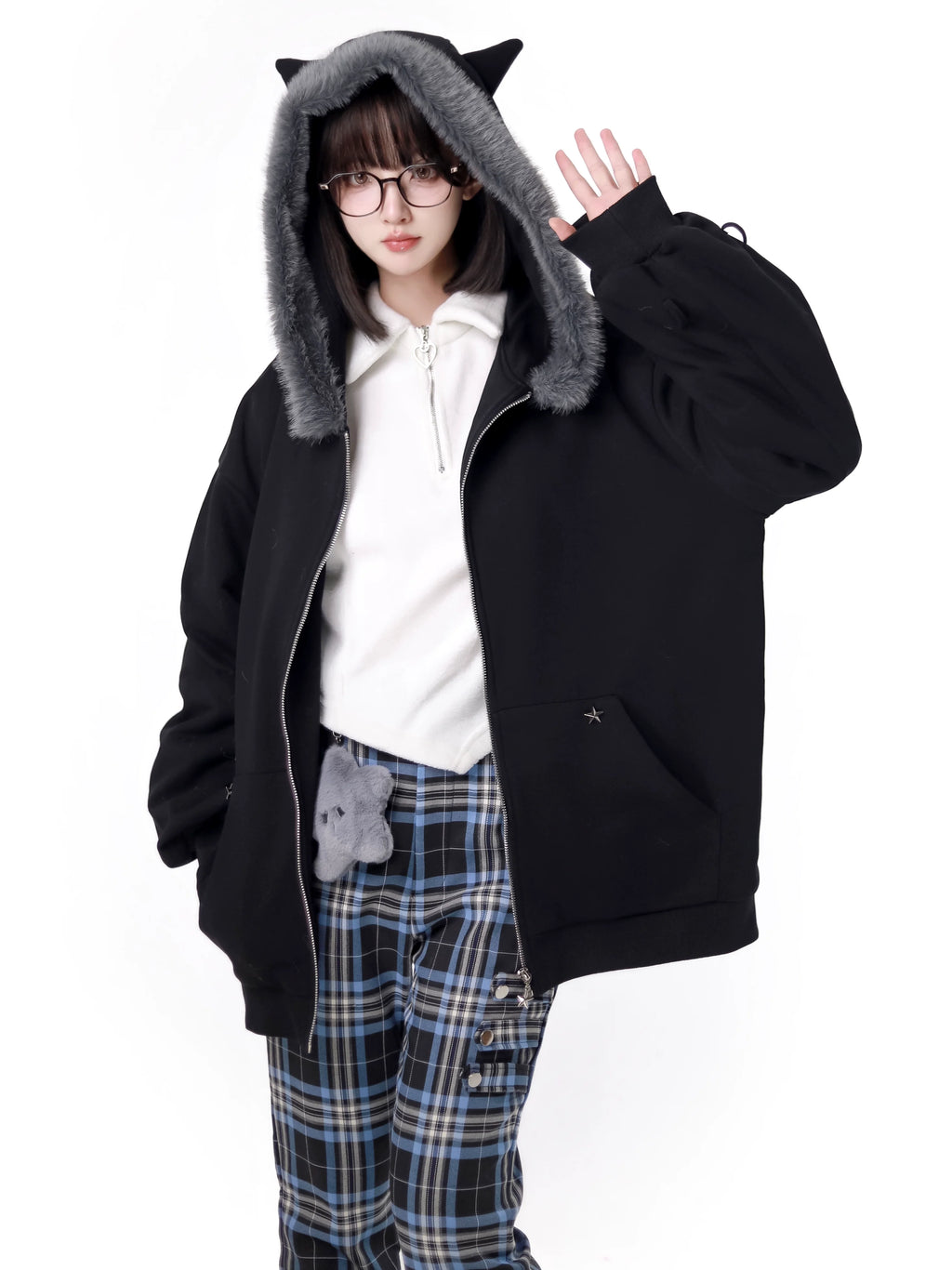 Nyar Star Gravity Velvet Cat ear Farjack+Blue Check College Pants