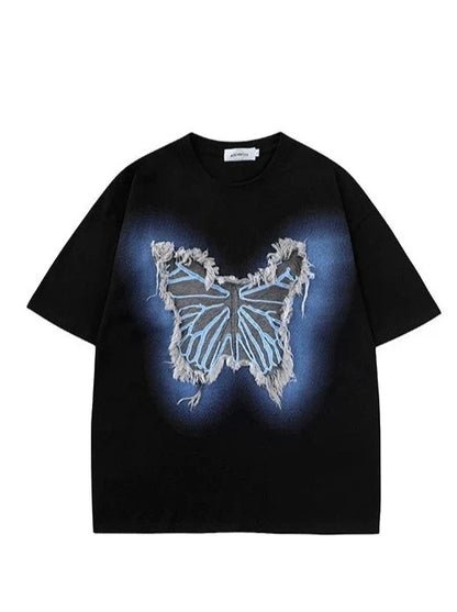 Sheer Loose Blue T-Shirt Butterfly Big