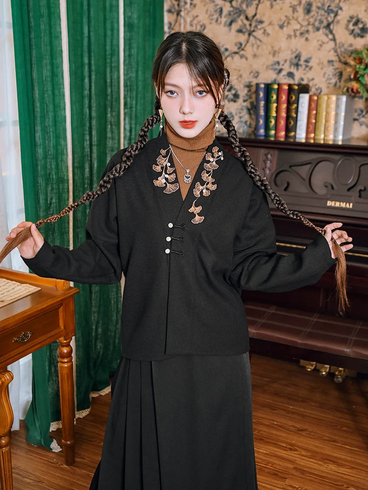 トップVネックチャイナ刺繍ジャケットリーフ