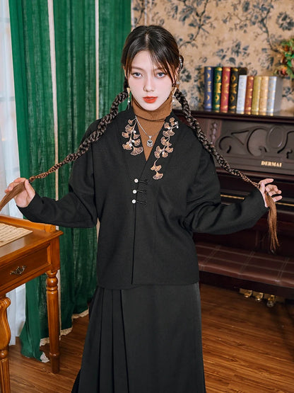 トップVネックチャイナ刺繍ジャケットリーフ