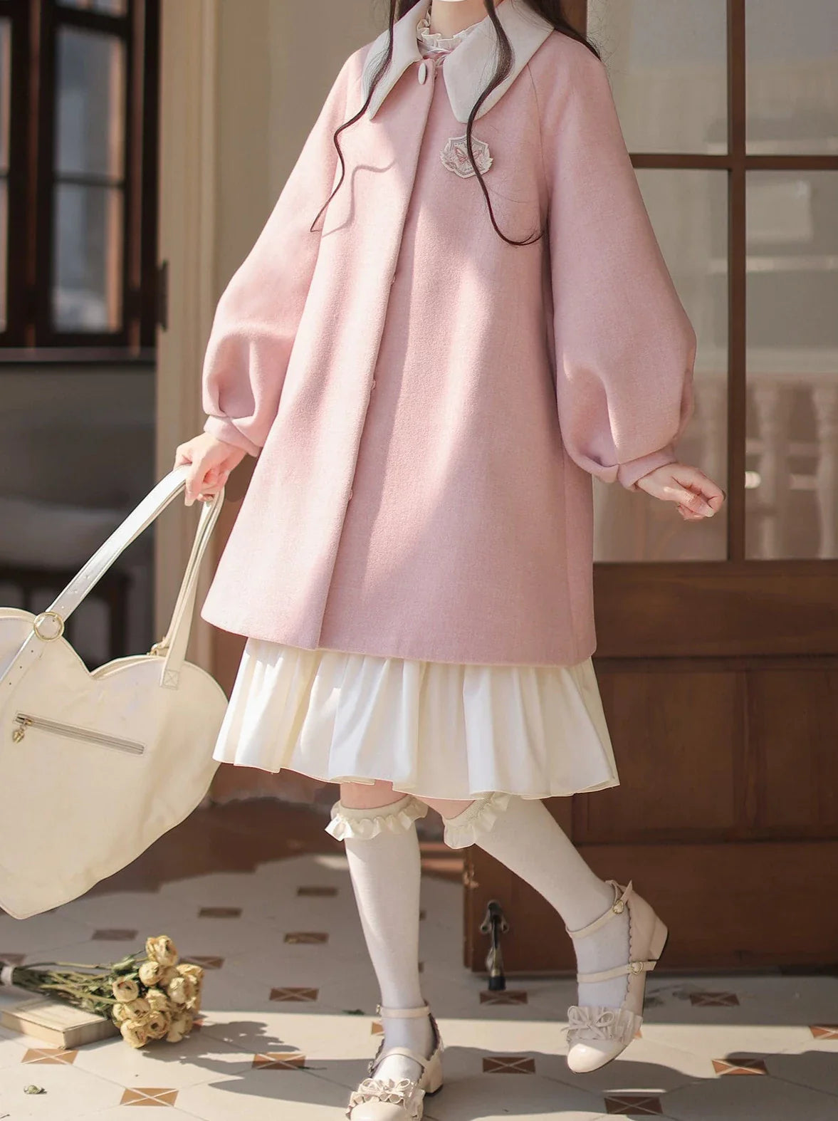 Badge Pink Frilled Doll + Lolita + Dress Off-White Coat Collar