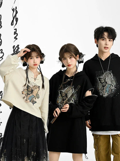 China Sweatshirt Zip + Black Parka Butterfly Dress Design Hoodie Cropped