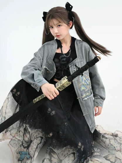 チャイナジャケット取り外し可能なデニムカラースーツ