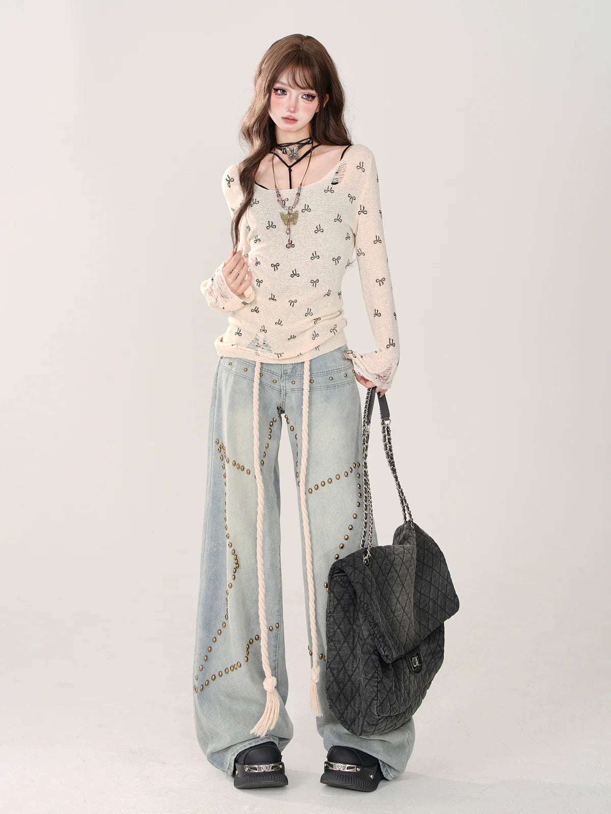 Waist Denim High Blue Sheer Pants Studded Star