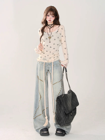 Waist Denim High Blue Sheer Pants Studded Star
