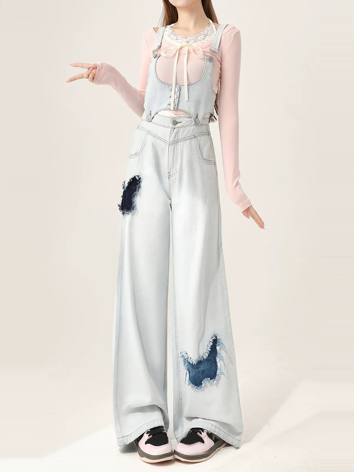 Loose Vest Jeans Denim Overalls Denim Butterfly + Patch