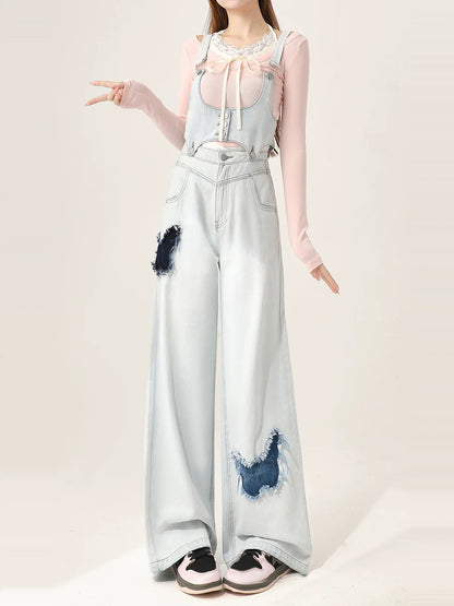 Loose Vest Jeans Denim Overalls Denim Butterfly + Patch